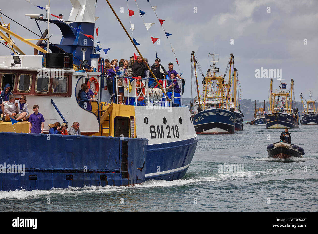 Fishing trawlers in the annual trawler race, off Brixham, Devon, Great Britain. Stock Photo