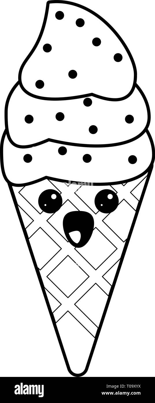 Ice cream cone kawaii cartoon in black and white Stock Vector