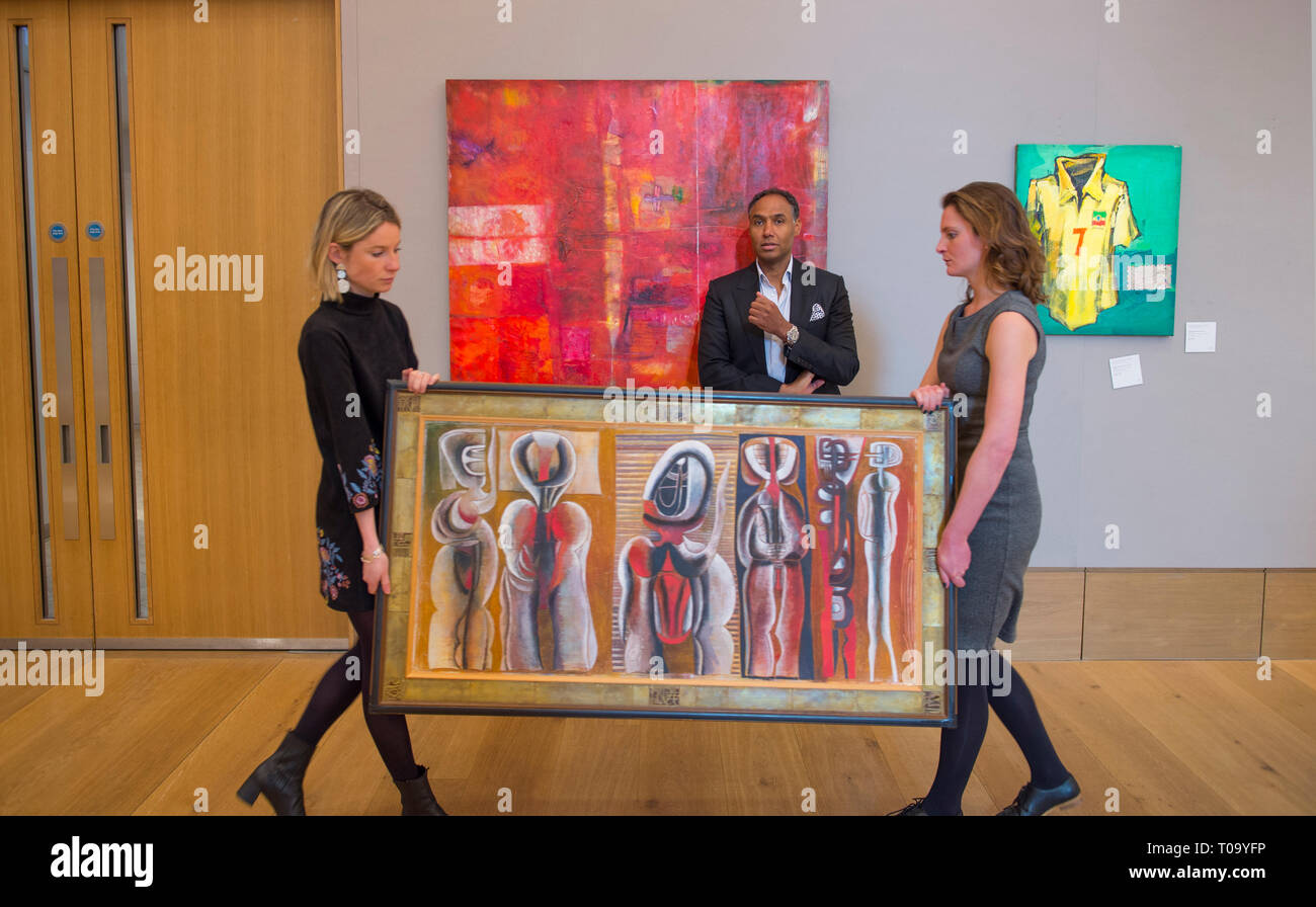 Bonhams, New Bond Street, London, UK. 18 March, 2019. Leading Bonhams Modern and Contemporary African Art sale, which takes place on 20 March 2019, are works by Benedict Chukwukadibia Enwonwu and Gerard Sekoto. Ben Enwonwu’s wooden sculpture of a young woman, entitled Fruit Seller, and Gerard Sekoto’s vibrant painting Washer Women, circa 1940, both have an estimate of £100,000-150,000. Credit: Malcolm Park/Alamy Live News. Stock Photo