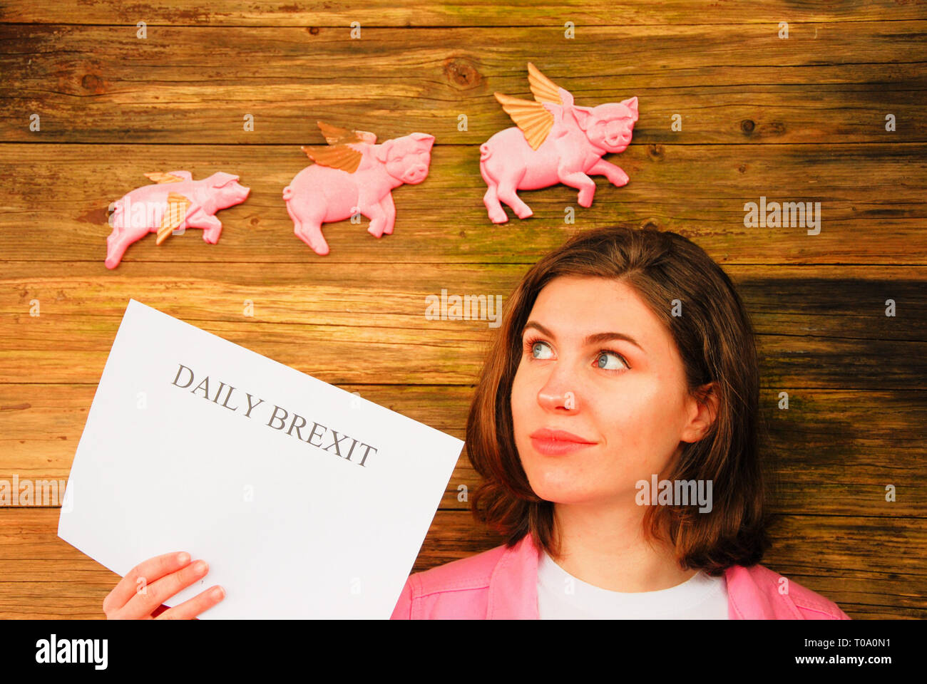 Portland, Dorset. 18th March 2019. What are the chances that Prime Minister, Boris Johnson, will get his Brexit deal over the line ?  Dorset-based set-designer, Sophie (23), is not entirely convinced that the signs are good ( MODEL RELEASED ) Stock Photo