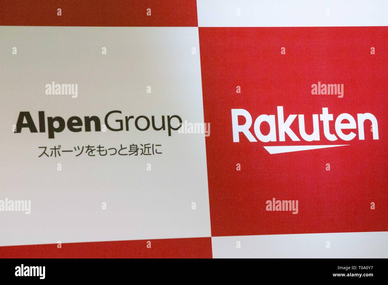 Tokyo, Japan. 18th Mar, 2019. Logos of Alpen Co. Ltd and Rakuten on ...