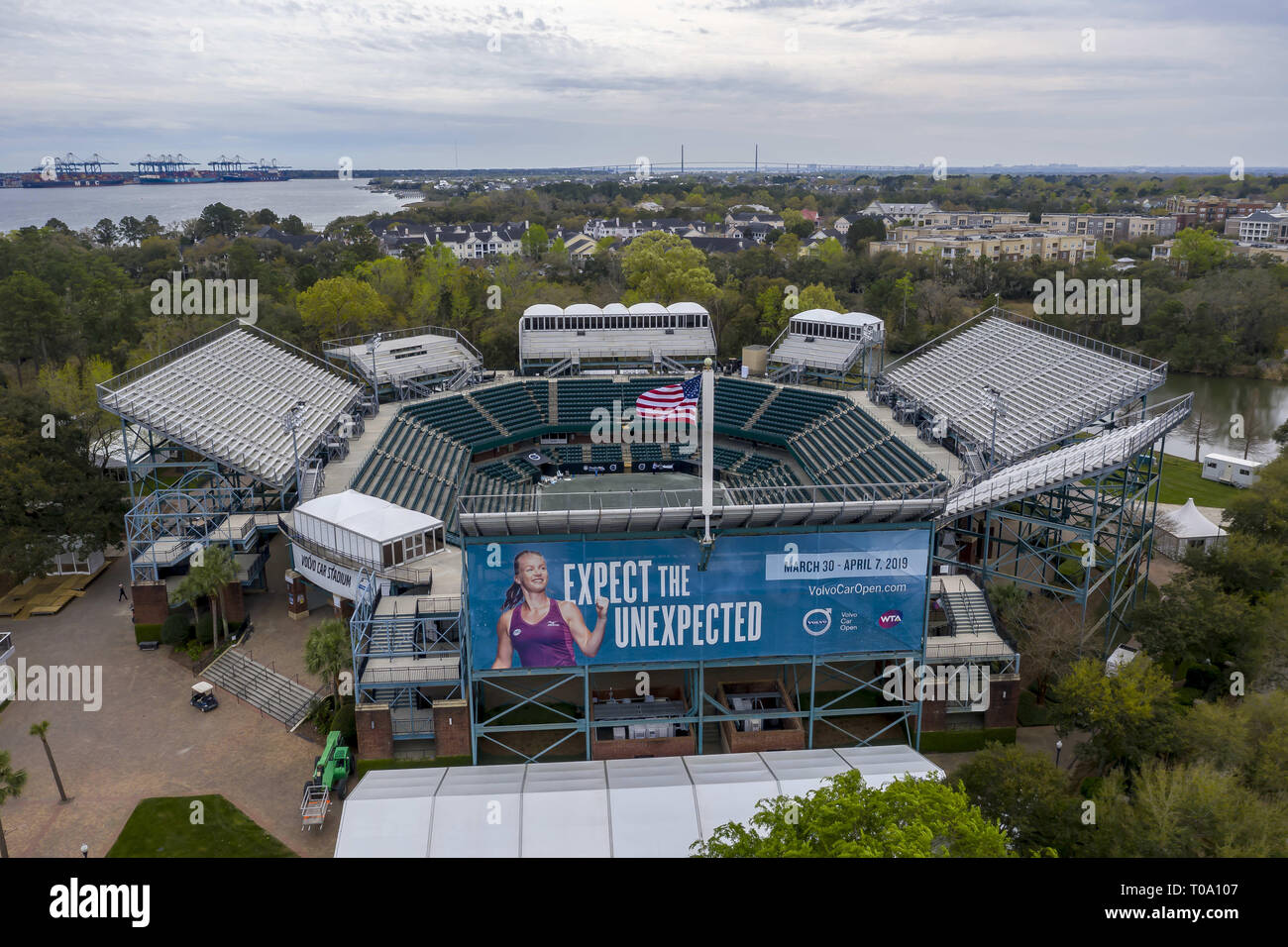 Daniel Island, South Carolina, USA. 16th Mar, 2019. March 16, 2019 - Daniel Island, South Carolina, USA: Aerial views of the Volvo Car Open Stadium in Daniel Island, SC. (Credit Image: © Walter G Arce Sr Aspdrones/ASP) Stock Photo