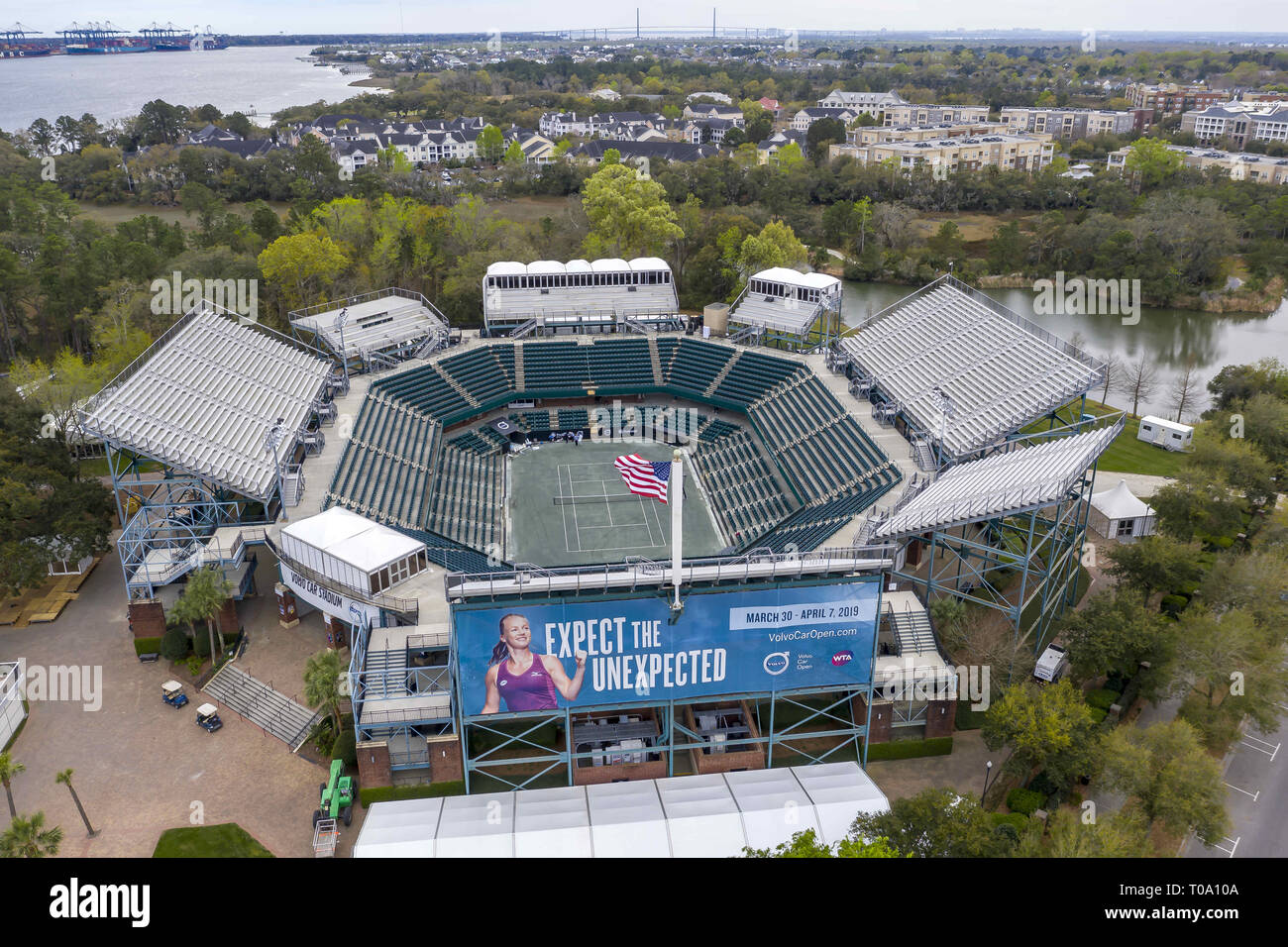 Daniel Island, South Carolina, USA. 16th Mar, 2019. March 16, 2019 - Daniel Island, South Carolina, USA: Aerial views of the Volvo Car Open Stadium in Daniel Island, SC. (Credit Image: © Walter G Arce Sr Aspdrones/ASP) Stock Photo