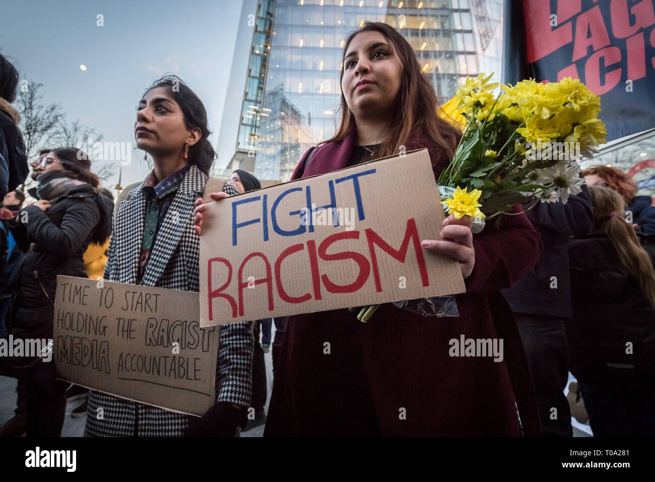 London, UK. 18th March, 2019. Vigil and solidarity demo with Christchurch NZ mosque attack victims outside News UK offices. Anti-racism protesters gather in London Bridge opposite the offices of News UK, the headquarters of Rupert Murdoch’s News Corp. The protesters claim that on-going attacks on Muslim communities world-wide aren't random but a consequence of growing right-wing politics fuelled by global media platforms such as News Corp publications. Credit: Guy Corbishley/Alamy Live News Stock Photo