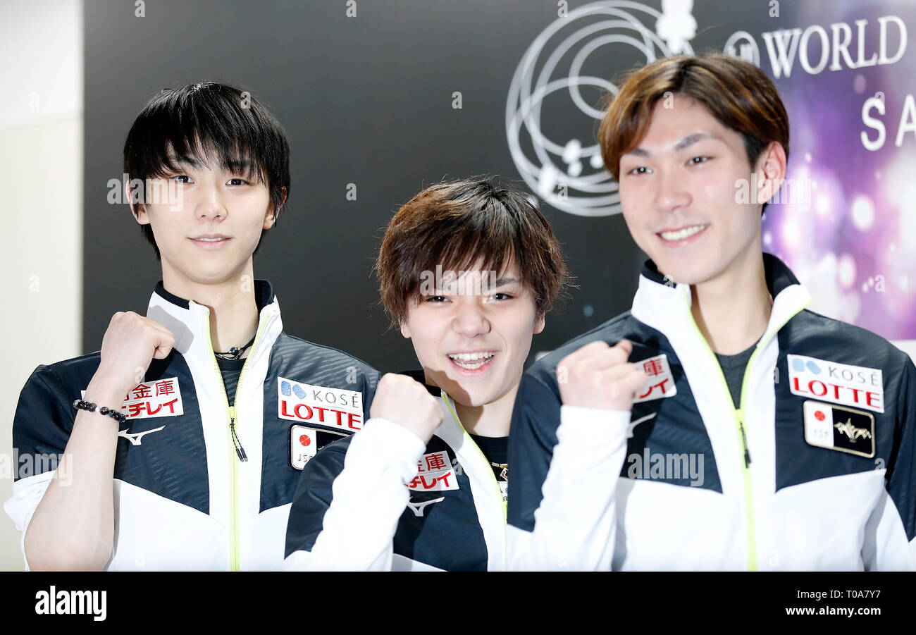 Saitama, Japan. 19th Mar, 2019. (From L to R) Yuzuru Hanyu, Shoma Uno and  Keiji Tanaka of Japan attend a press conference for Japanese men's team of  2019 ISU World Figure Skating