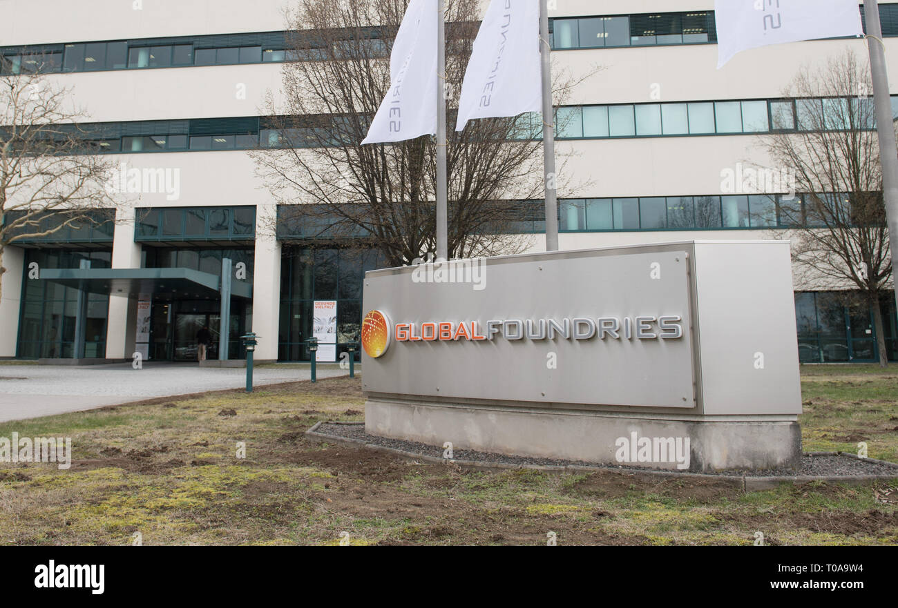 19 March 2019, Saxony, Dresden: The premises of the chip manufacturer Globalfoundries (GF).  On the same day, the Saxon Cabinet will hold an external meeting with a focus on digitisation at Globalfoundries. Photo: Sebastian Kahnert/dpa-Zentralbild/dpa Stock Photo