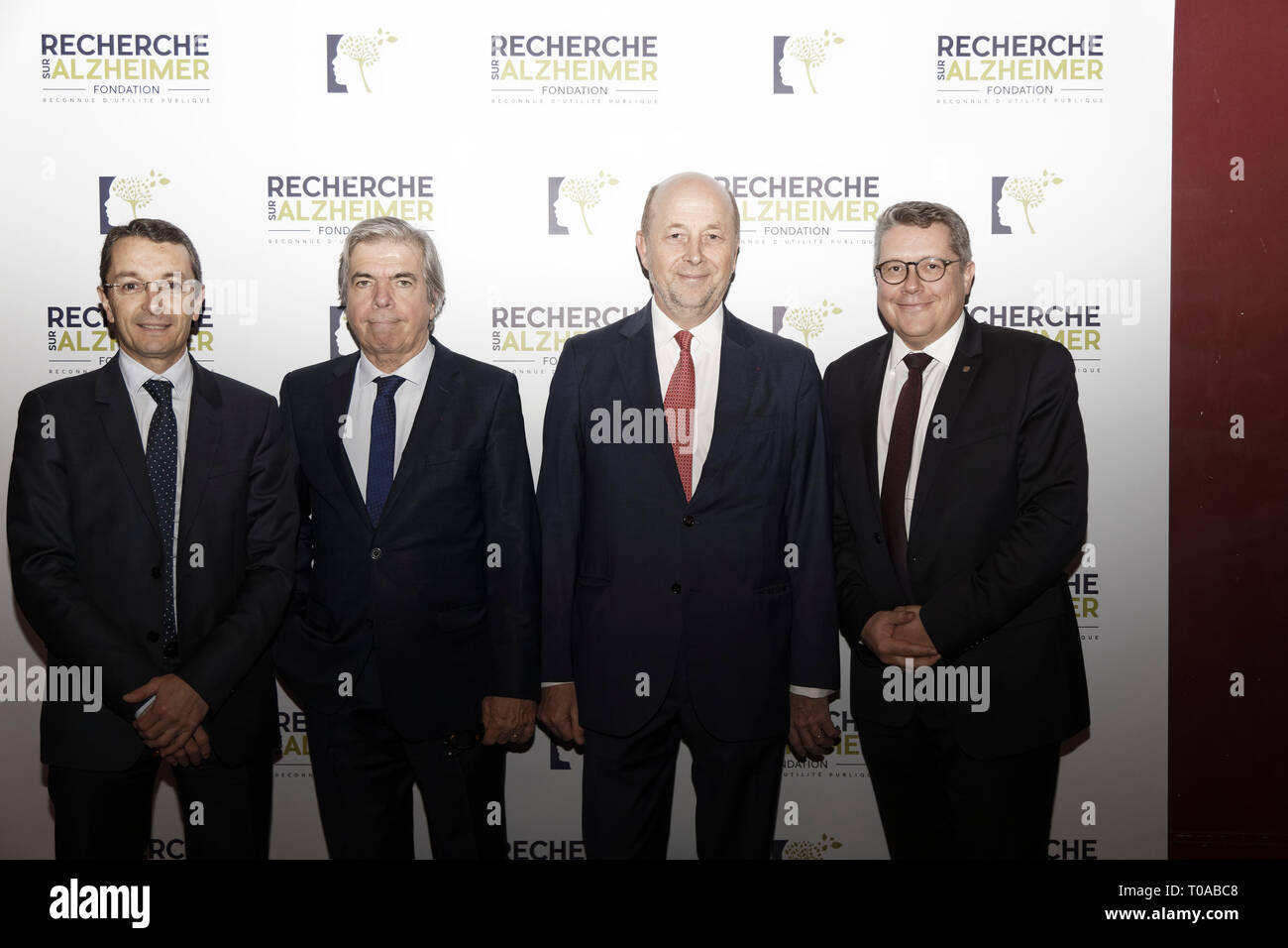 Paris, France. 18th Mar 2019. Eric Sanchez (AG2R), Professor Bruno Dubois, Olivier De Ladoucette (C) and Louis-Mederic Vaujour (AG2R) - Photocall of the 14th Gala 2019 of the Association for Alzheimer Research at the Olympia in Paris on March 18, 2019, France Credit: Véronique PHITOUSSI/Alamy Live News Stock Photo