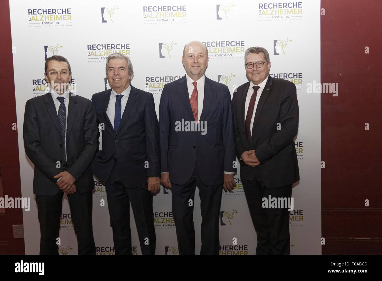 Paris, France. 18th Mar 2019. Eric Sanchez (AG2R), Pr Bruno Dubois, Olivier De Ladoucette (C) and Louis-Mederic Vaujour (AG2R) - Photocall of the 14th Gala 2019 of the Association for Alzheimer Research at the Olympia in Paris on March 18, 2019, France Credit: Véronique PHITOUSSI/Alamy Live News Stock Photo