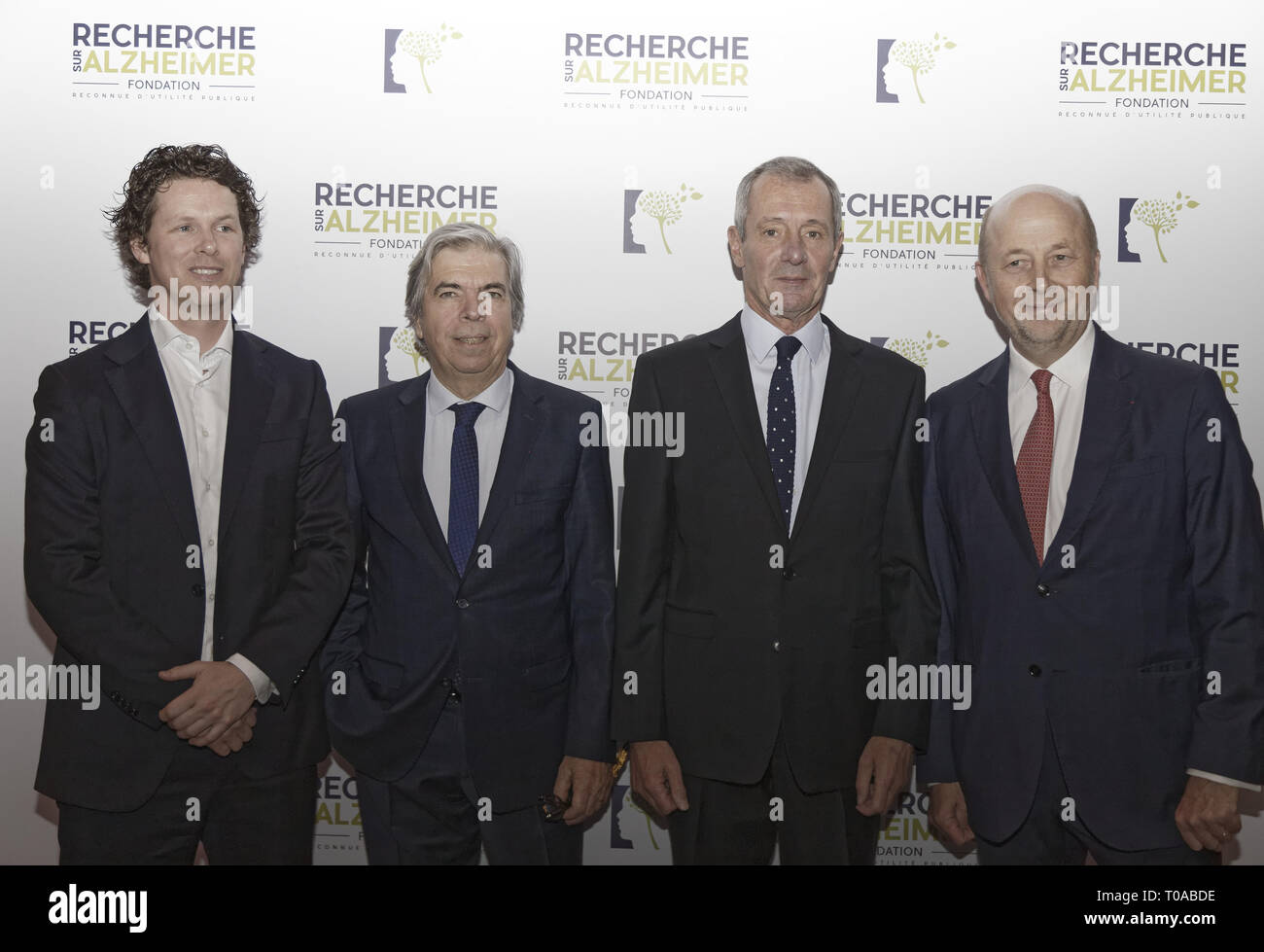 Paris, France. 18th Mar 2019. Dr Rik Ossenkoppele (L), Pr Bruno Dubois, Pr Ian McKeith and Olivier De Ladoucette (R) - Photocall of the 14th Gala 2019 of the Association for Alzheimer Research at the Olympia in Paris on March 18, 2019, France Credit: Véronique PHITOUSSI/Alamy Live News Stock Photo