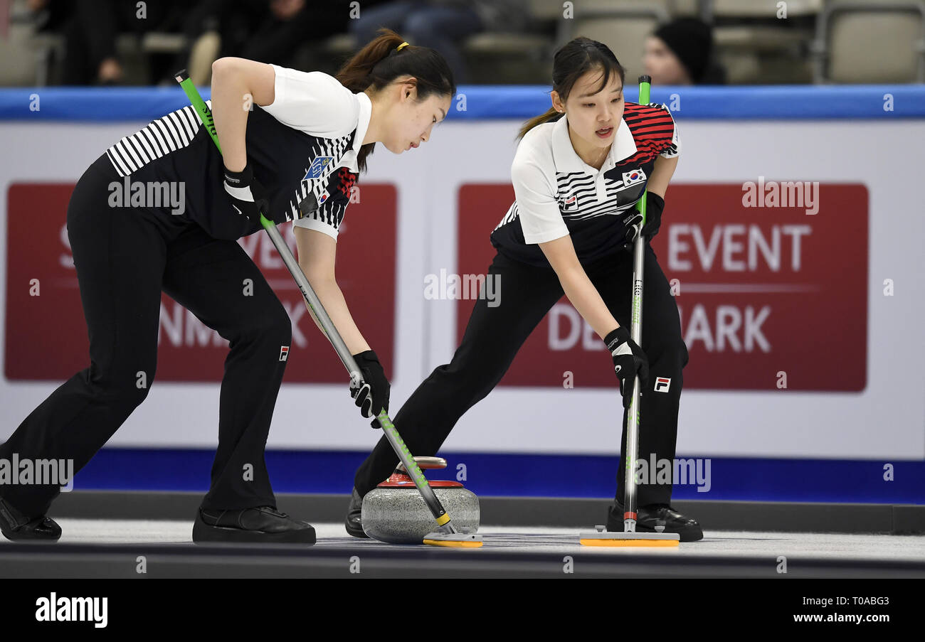 March 19, 2019 - Silkeborg, Denmark - Team Korea in action during the Round Robin curling match between Korea and Switzerland in the LGT World Women's Curling Championship 2019 in Silkeborg, Denmark. (Credit Image: © Lars Moeller/ZUMA Wire) Stock Photo