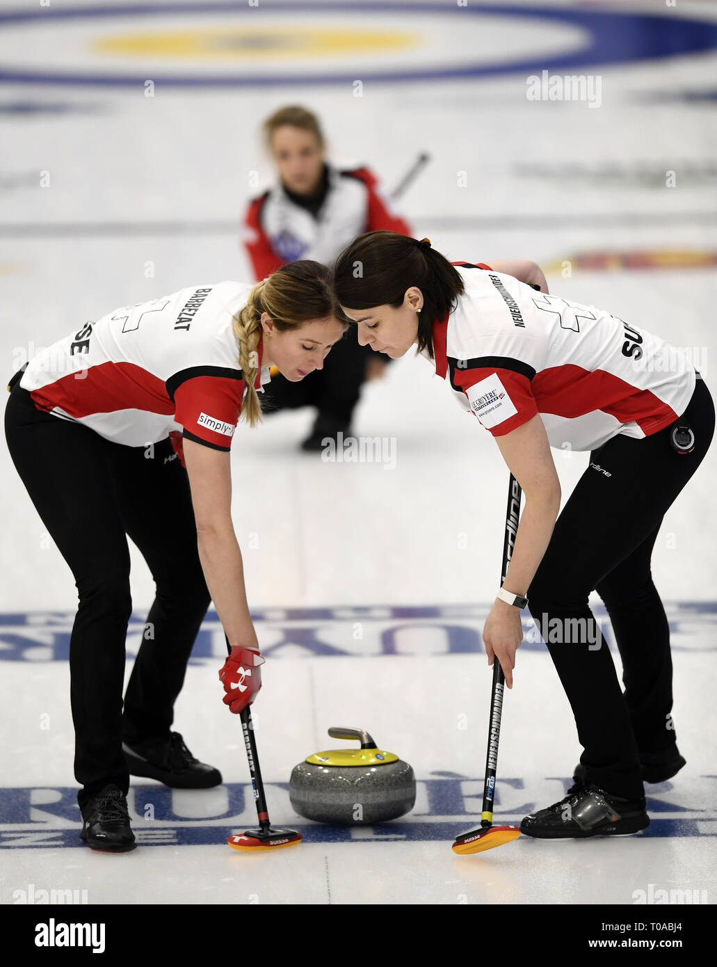 March 19, 2019 - Silkeborg, Denmark - Team Switzerland in action during the Round Robin curling match between Korea and Switzerland in the LGT World Women's Curling Championship 2019 in Silkeborg, Denmark. (Credit Image: © Lars Moeller/ZUMA Wire) Stock Photo