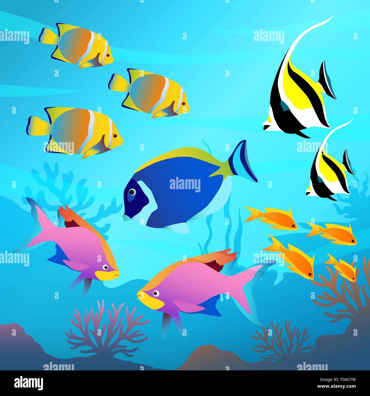 Beautiful underwater world, seascape, fish and sea bottom Stock Vector
