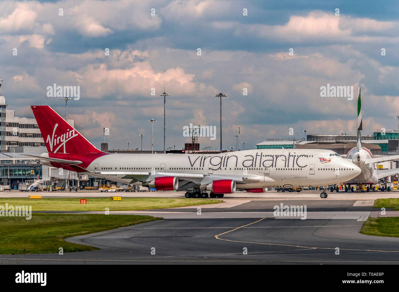 Virgin Atlantic Boeing 747 Barbarella at Manchester airport. Heat haze Stock Photo