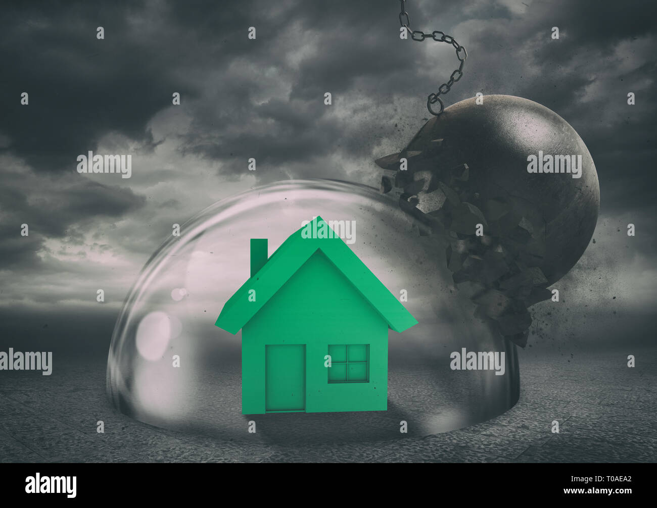 House safely inside a shield dome during a storm that protects it from a wrecking ball. Protection and safety concept Stock Photo