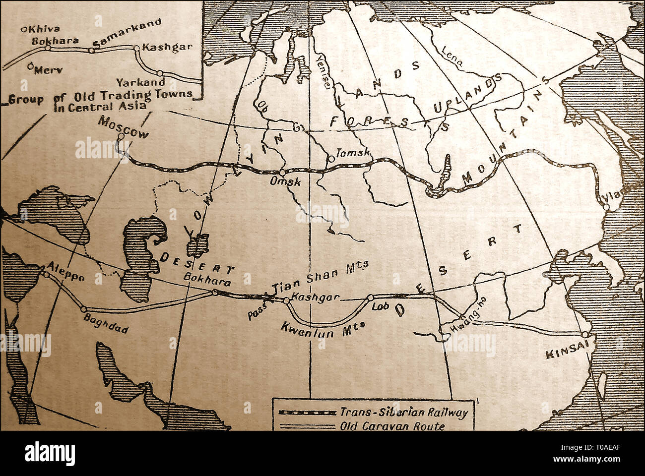 A 1933 map showing the route of the trans Siberian railway train  in relation to the old desert caravan route  and some old trading towns along the way Stock Photo