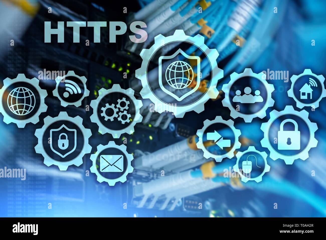 HTTPS. Hypertext Transport Protocol Secure. Technology Concept on Server Room Background. Virtual Icon for network security web service Stock Photo