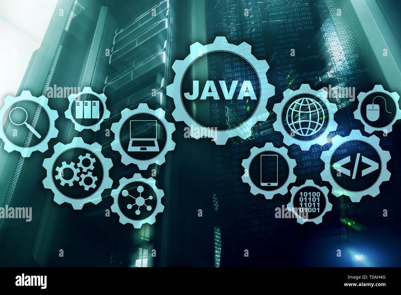 Java Programming concept. Virtual machine. On server room background ...