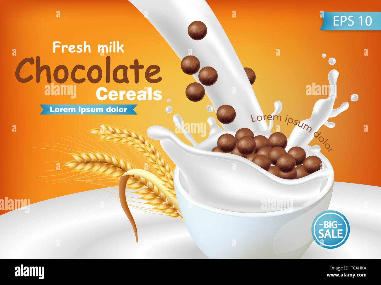 Organic Chocolate cereals in milk splash Vector realistic mock up