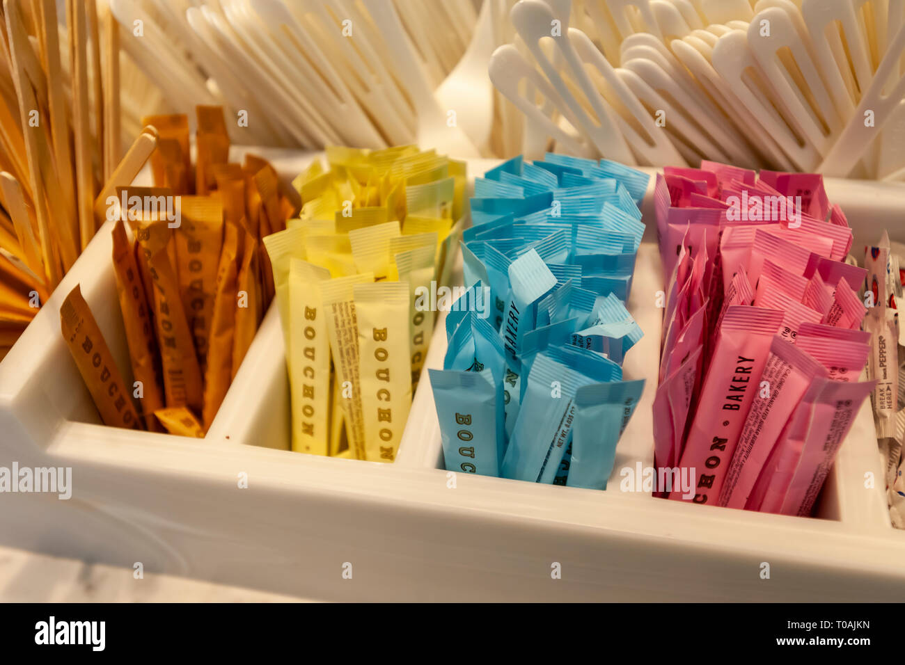 Packages of various sugars and artificial sweeteners branded for the Bouchon Bakery in New York on Friday, March 15, 2019.  Artificial sweeteners use different chemicals to enhance your coffee's taste without the calories of sugar.  (Â© Richard B. Levine) Stock Photo