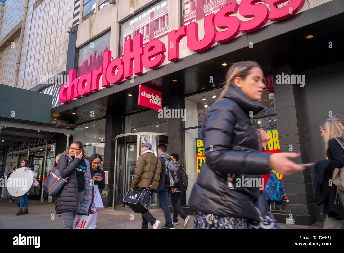 The Charlotte Russe store in Herald Square in New York on Monday, March 11, 2019 displays signs informing shoppers of its final days. The chain is liquidating and closing all of its stores. (© Richard B. Levine) Stock Photo
