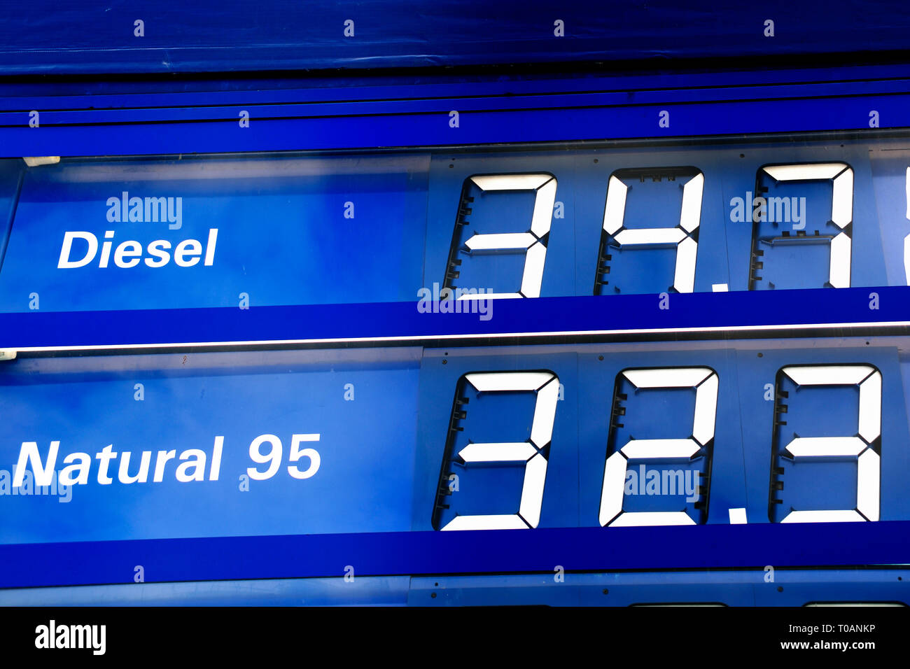 display with prices of Natural and Diesel fuel at a filling station in Czech republic Stock Photo