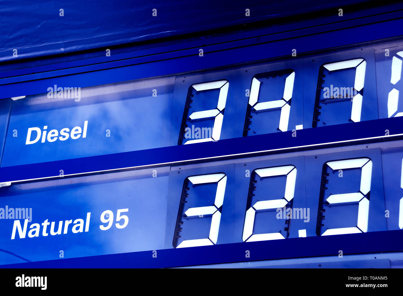 display with prices of Natural and Diesel fuel at a filling station in Czech republic Stock Photo