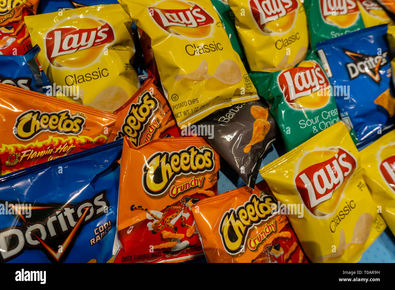 A display of tasty Frito-Lay brand chips and snacks in New York on Sunday, March 10, 2019. Frito-Lay is a brand of Pepsico. (Â© Richard B. Levine) Stock Photo