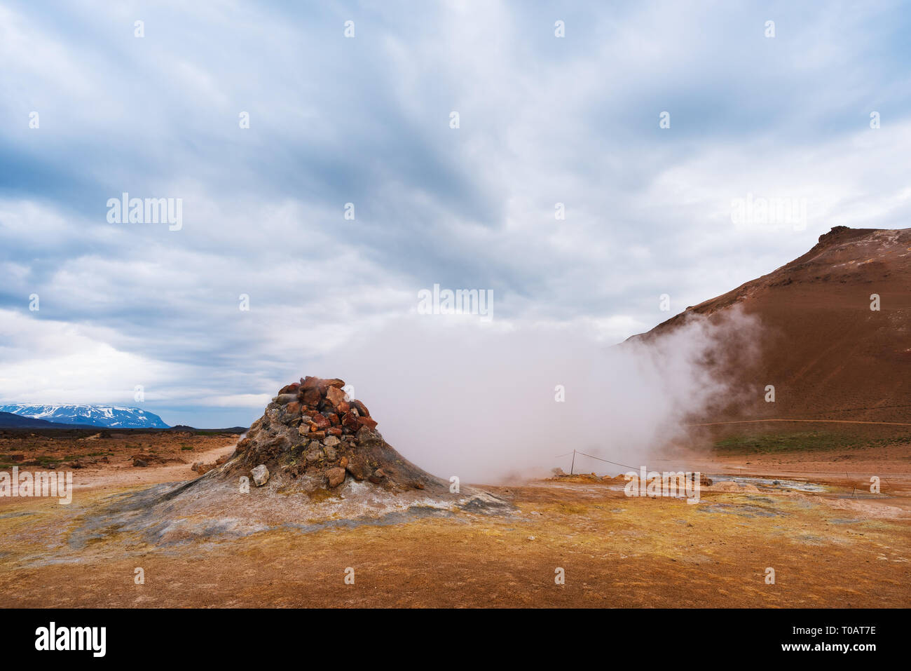 Landscape with eruption steam. Geothermal area Namafjall, Iceland, Europe. Overcast day Stock Photo
