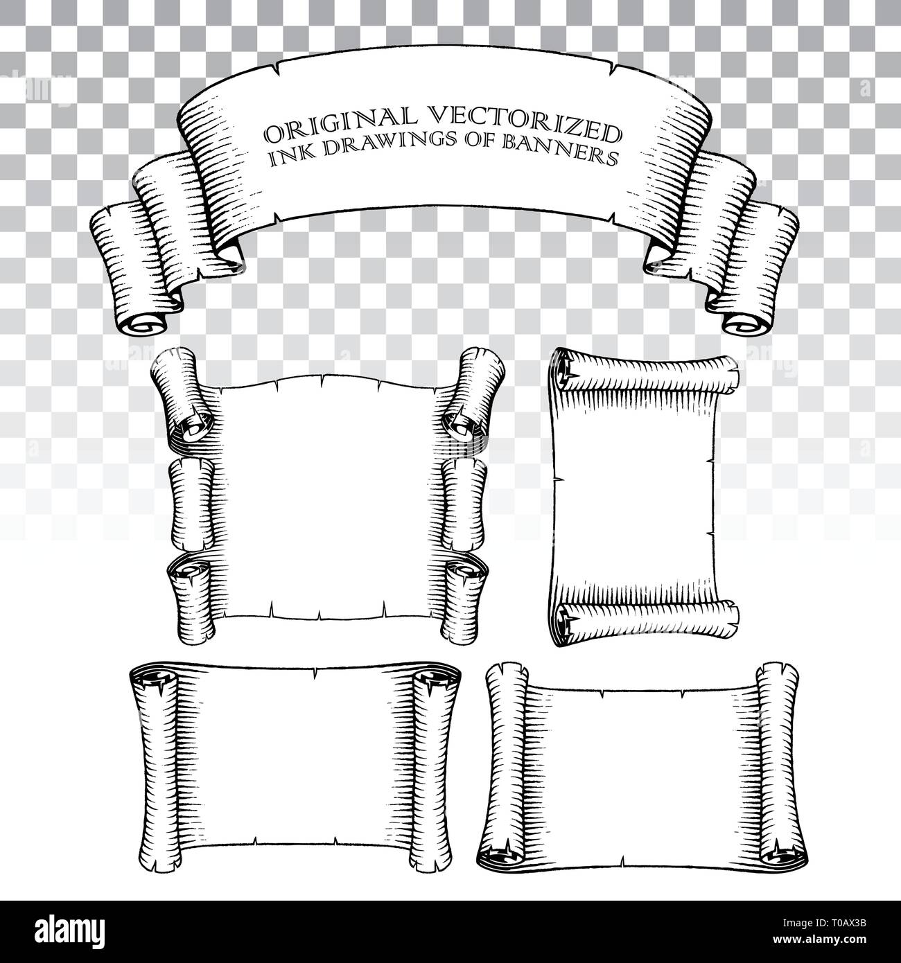 Vector Illustration of Scratchboard Style Curled Ink Banners Stock