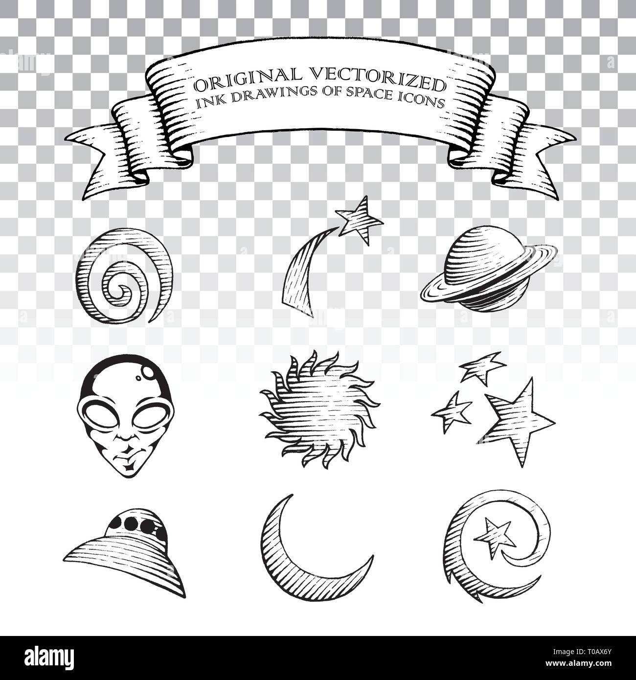 Vector Illustration of Scratchboard Style Ink Drawings of Space Icons