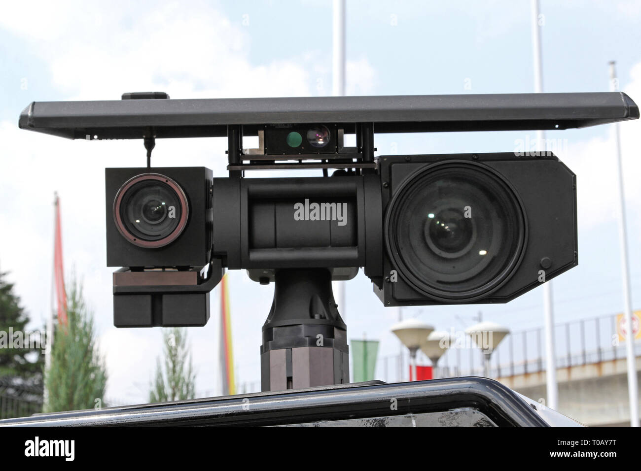 Patrol Vehicle Mounted Surveillance CCTV Camera Lens at Pole Stock