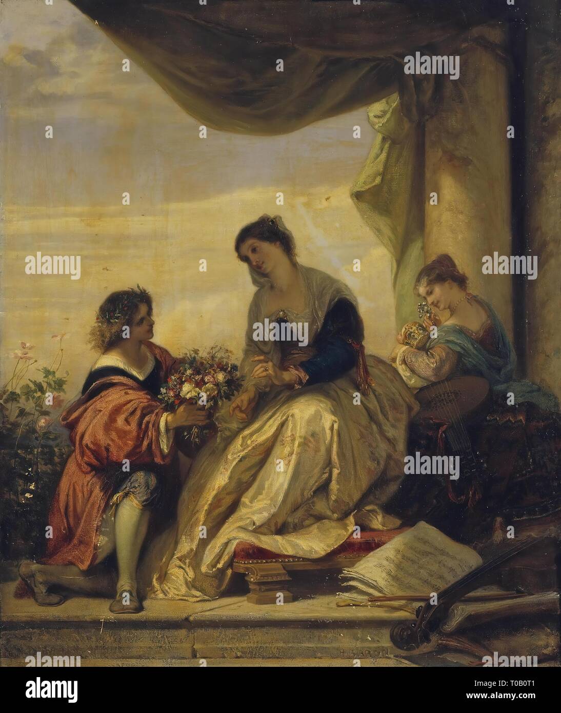 'Gallant Scene (Presentation of a Bouquet)'. France, 1850s. Dimensions: 65x56 cm. Museum: State Hermitage, St. Petersburg. Author: Henri Charles Antoine Baron. Stock Photo