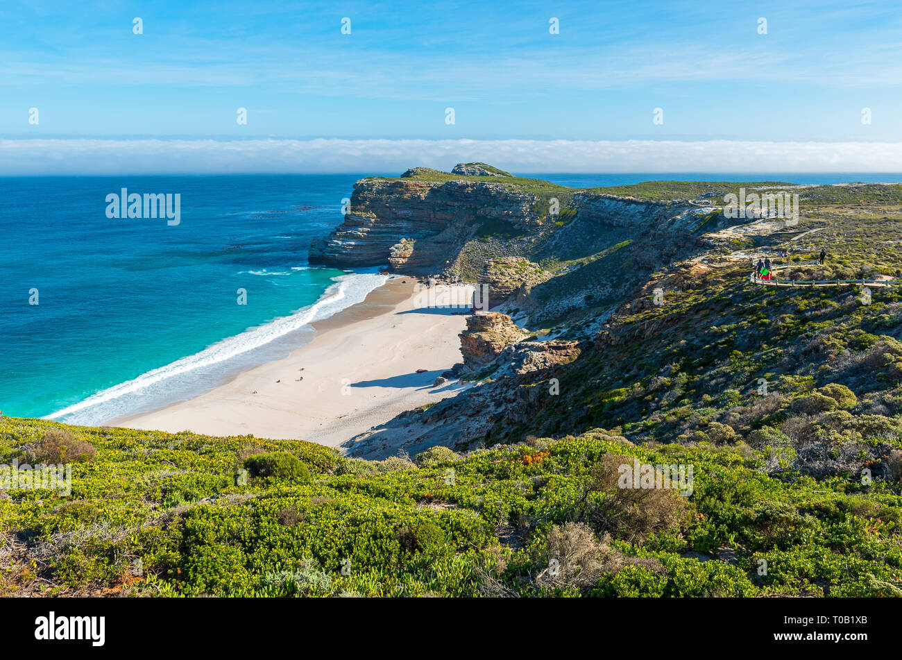 Landscape of Dias Beach and the hiking pole by the Cape of Good Hope near Cape Town, South Africa. Stock Photo