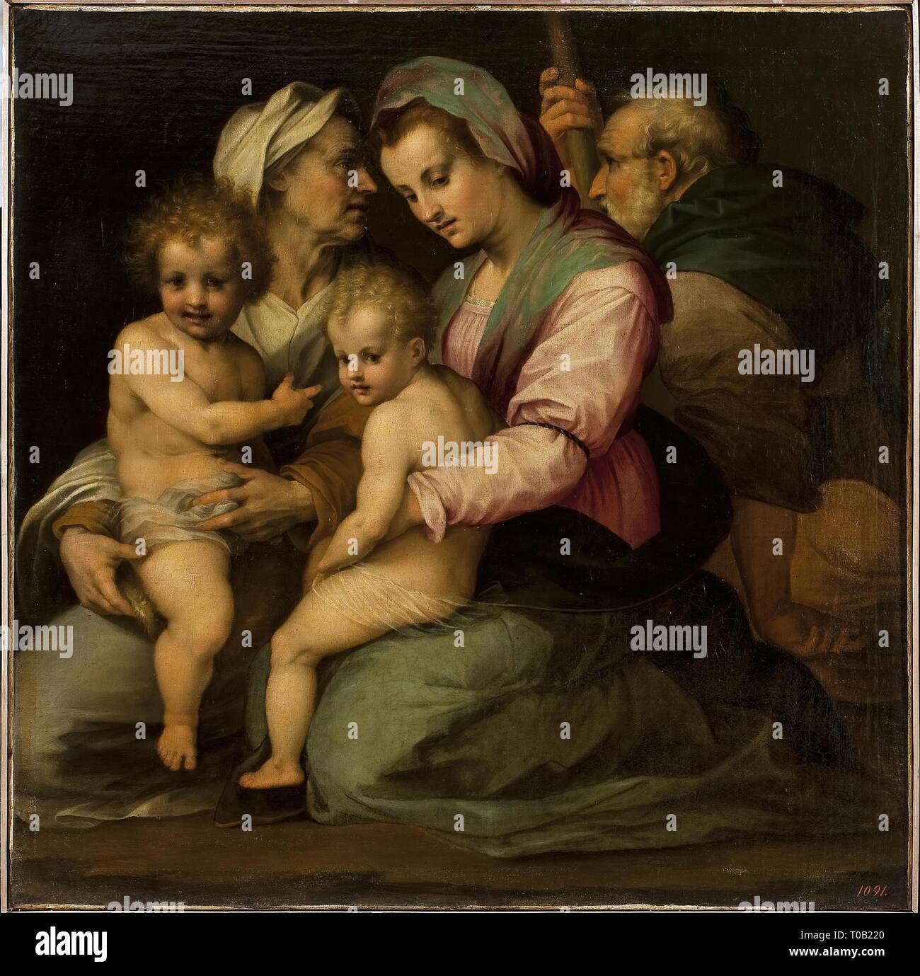 'Holy Family with St Elizabeth and St John the Baptist (copy)'. Italy, 16th century. Dimensions: 94x93 cm. Museum: State Hermitage, St. Petersburg. Author: Andrea del Sarto (Andrea d'Agnolo). ANDREA DEL SARTO. Stock Photo