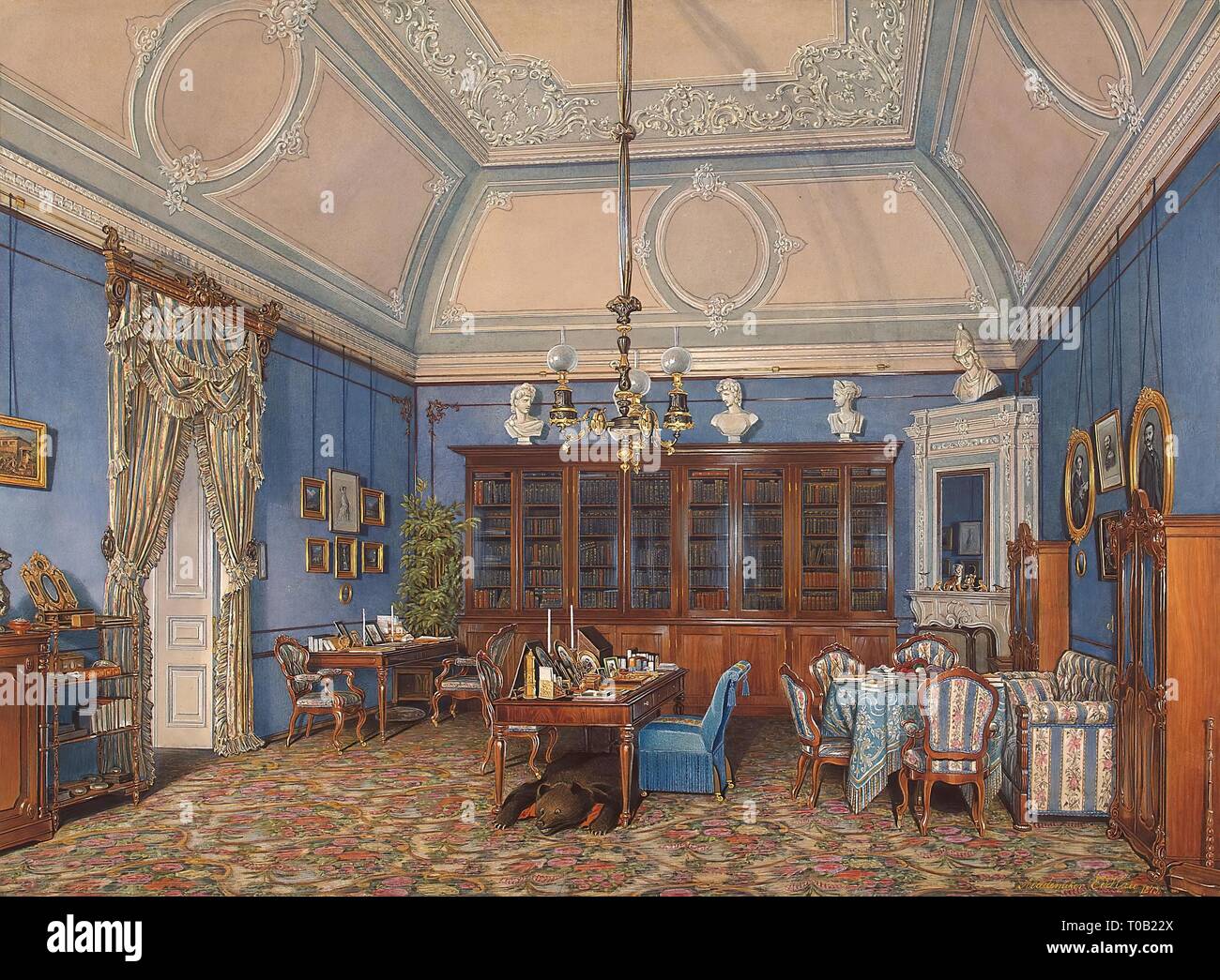 'Interiors of the Winter Palace. The Fifth Reserved Apartment. The Study of Grand Princess Maria Alexandrovna'. Russia, 1873. Dimensions: 30,5x41 cm. Museum: State Hermitage, St. Petersburg. Author: Edward Hau. Stock Photo