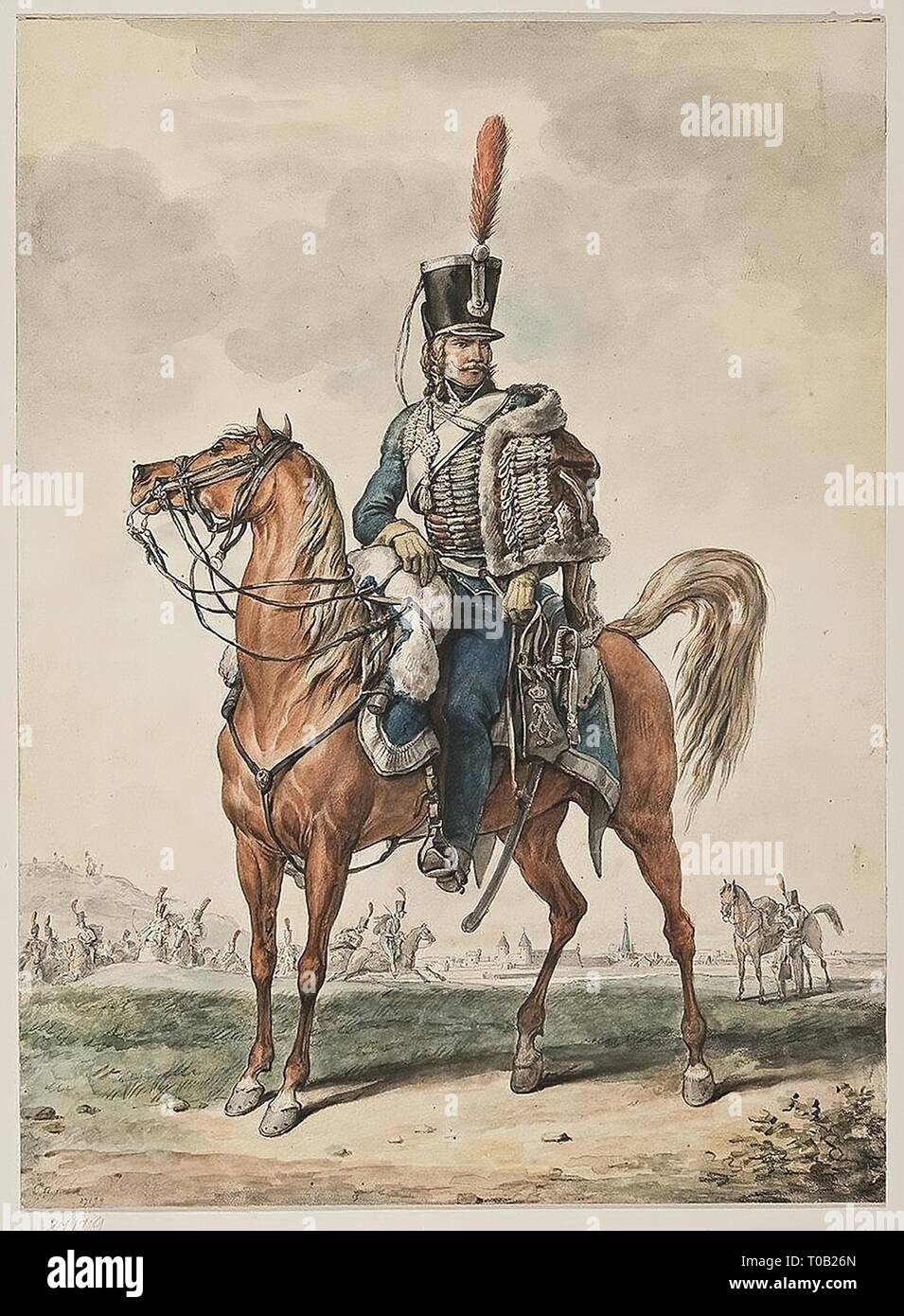 'Hessian Hussar on Horseback'. France, 1810s. Dimensions: 43x31,5 cm. Museum: State Hermitage, St. Petersburg. Author: CARLE VERNET. Stock Photo