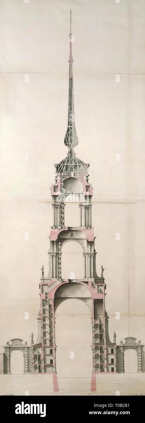 'Design of a Lighthouse in Kronshtadt. Vertical Section'. Italy-Russia, 1721/1722. Dimensions: 115x46,2 cm. Museum: State Hermitage, St. Petersburg. Author: NICCOLO MICHETTI. Stock Photo