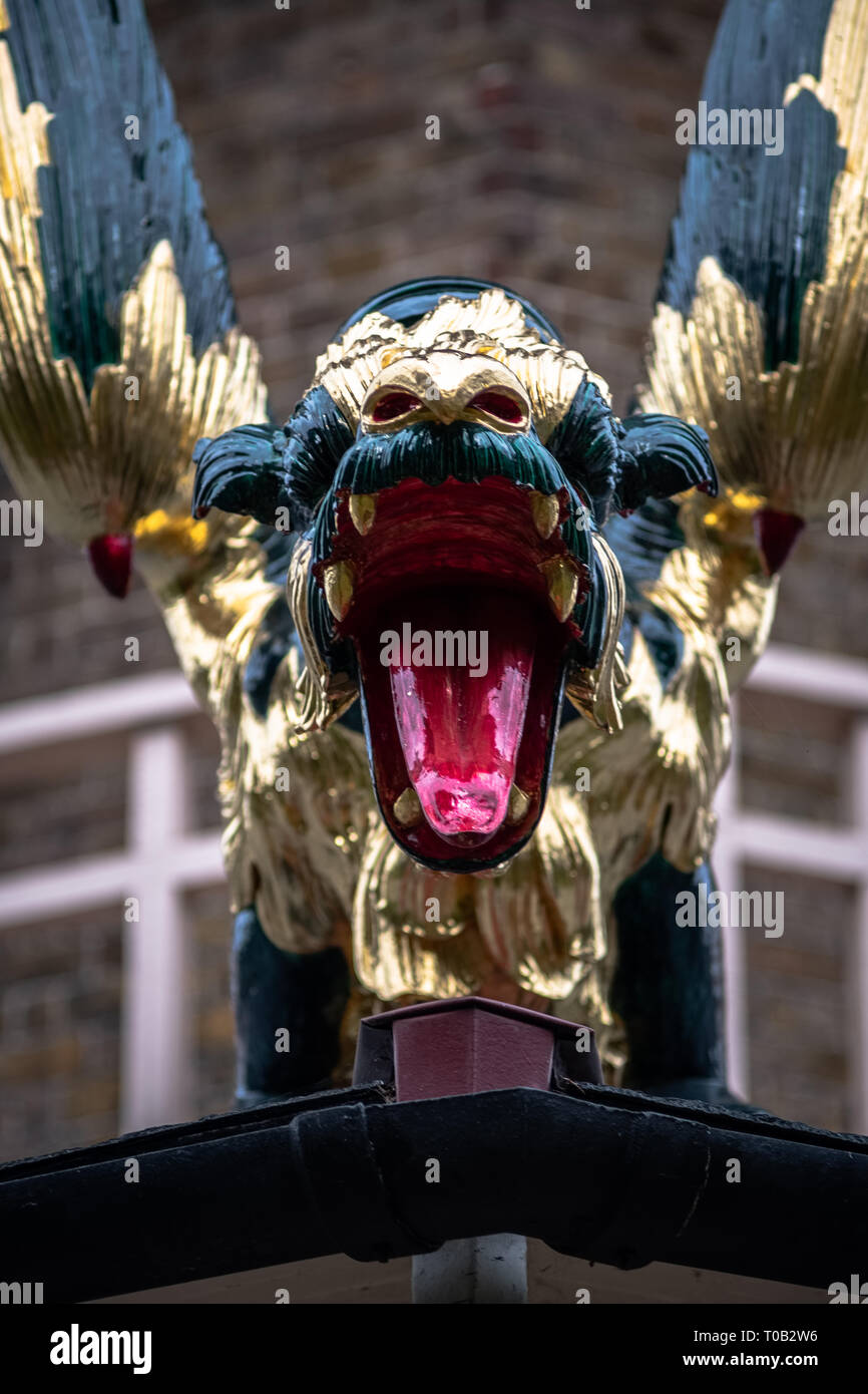 London, United Kingdom: front view of one of the Japanese dragon statue on the Great Pagoda, Kew Gardens. Stock Photo