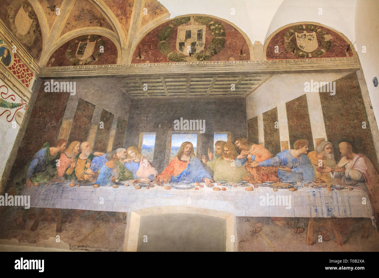 Milan, Italy - November 15, 2016: Last Supper painting. Jesus and 12 apostles. Bartholomew, young James, Andrew, Judas Iscariot, Peter, John, Thomas Stock Photo