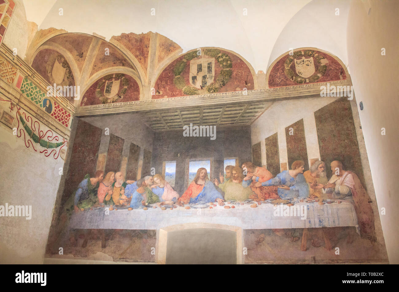 Milan, Italy - November 15, 2016: Last Supper, Jesus and 12 apostles. Bartholomew, young James, Andrew, Judas Iscariot, Peter, John, Thomas, James Stock Photo
