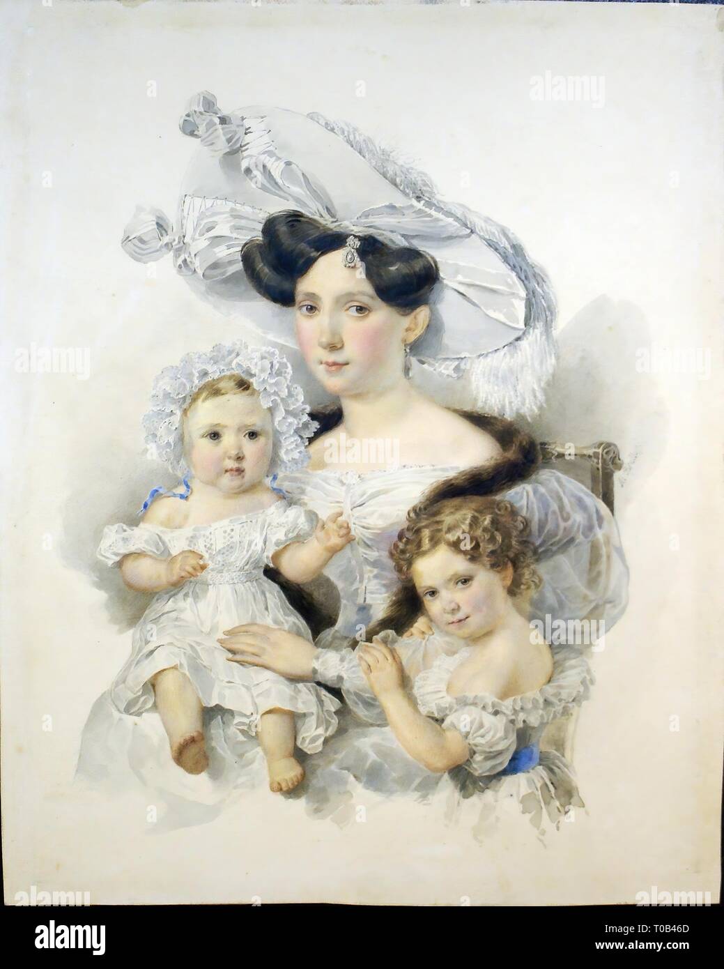 'Portrait of Countess E.N. Chernysheva with her Daughters'. Russia, Circa 1830. Dimensions: 25,0x20,2 cm. Museum: State Hermitage, St. Petersburg. Author: Alexander Bryullov . Alexander Pavlovich Briullov. Stock Photo