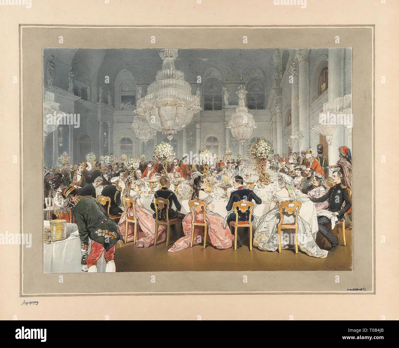'The Ceremonial Dinner in the Concert Hall of the Winter Palace on the Occasion of the German Emperor Wilhelm I's Visit to St Petersburg'. The Album 'The German Emperor Wilhelm I visiting St Petersburg in 1873' ('Der Besuch Seiner Majestät Des Kaiser's Wilhelm in St Petersburg 1873'). Russia, 1873. Dimensions: 25,7x35,0 cm. Museum: State Hermitage, St. Petersburg. Author: MIHALY VON ZICHY. Stock Photo
