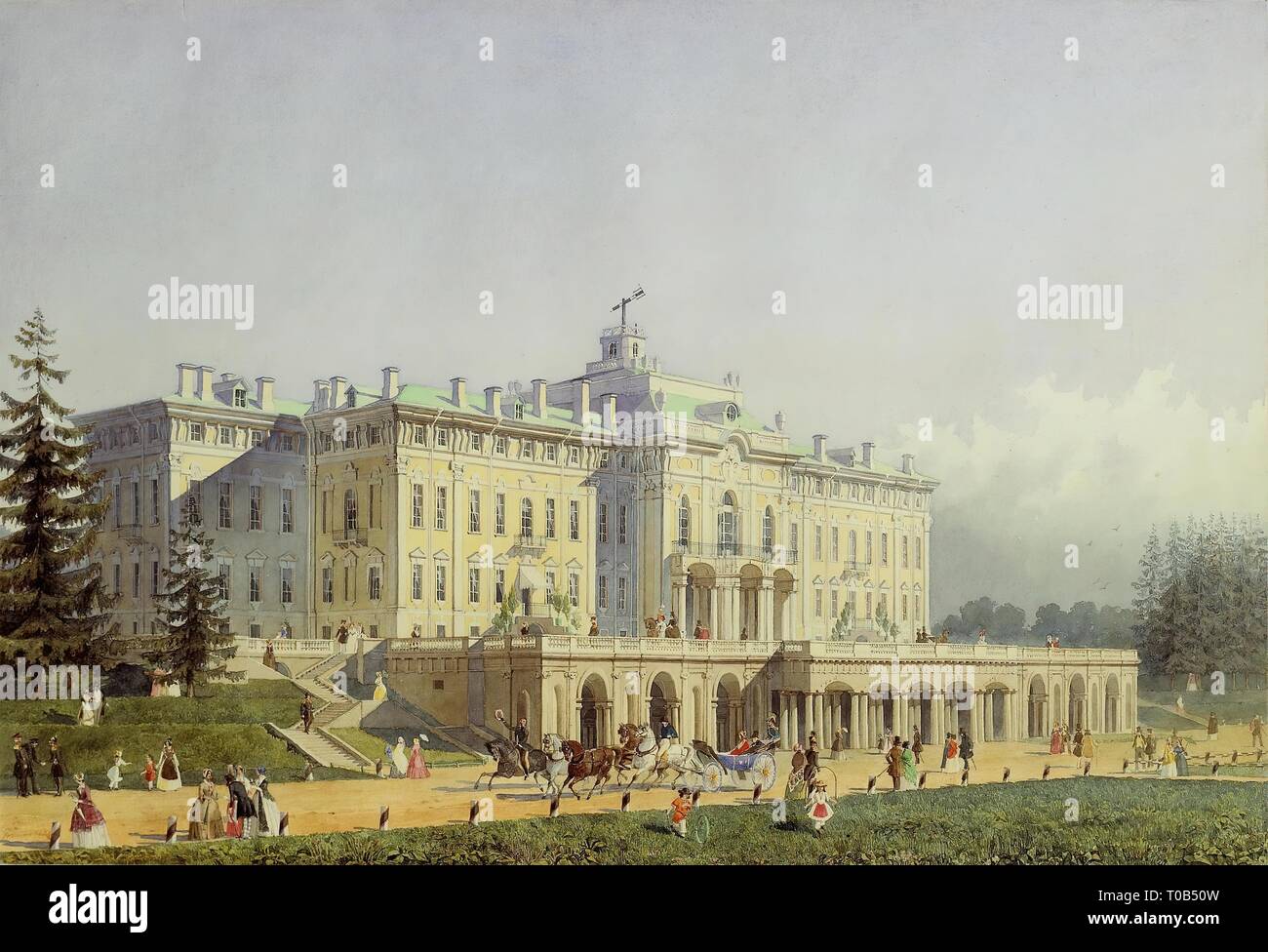 'Palace in Strelna'. Series 'Views of St Petersburg and Moscow', produce as a gift to Queen Victoria on the occasion of the 10th anniversary of her reign. Russia, 1847. Dimensions: 25,7x38 cm. Museum: State Hermitage, St. Petersburg. Author: Alexey Gornostayev . Alexei Maximovich Gornostayev. Stock Photo
