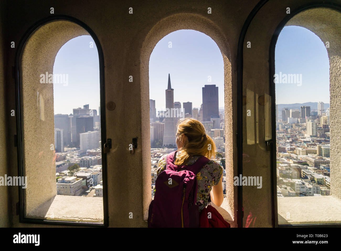 Looking at the view over San Francisco from the Coit Tower, Telegraph Hill Stock Photo