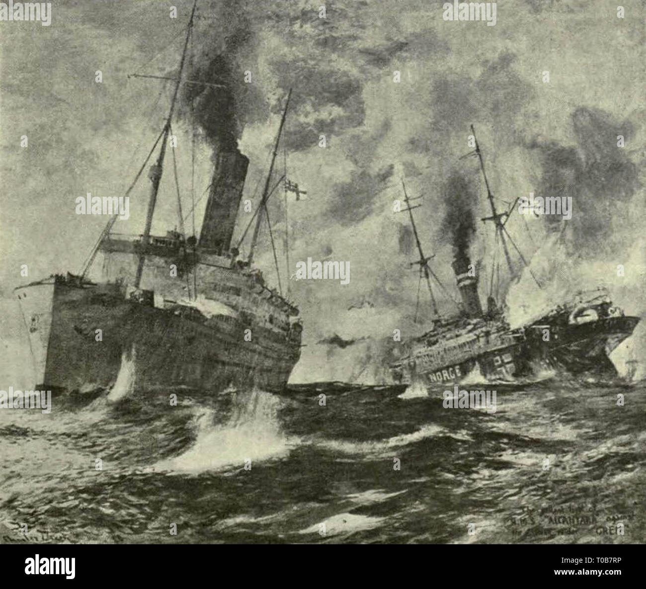 HMS Alcantara engages the German raider Grief on 29 February 1916, in the North Sea. Both ships sank. Stock Photo