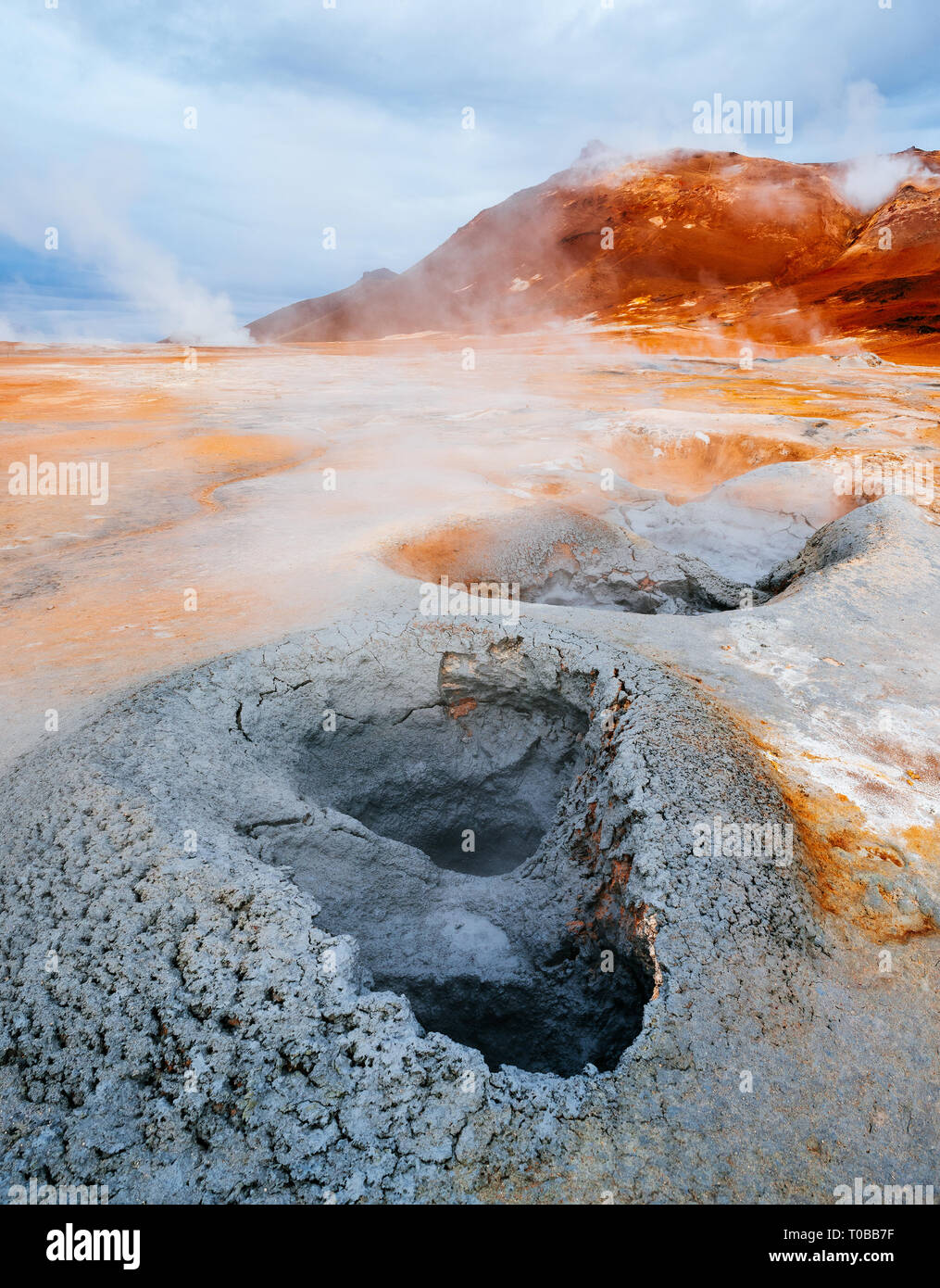 Namafjall - geothermal area in field of Hverir. Landscape which pools of boiling mud and hot springs. Tourism and natural attractions in Iceland Stock Photo