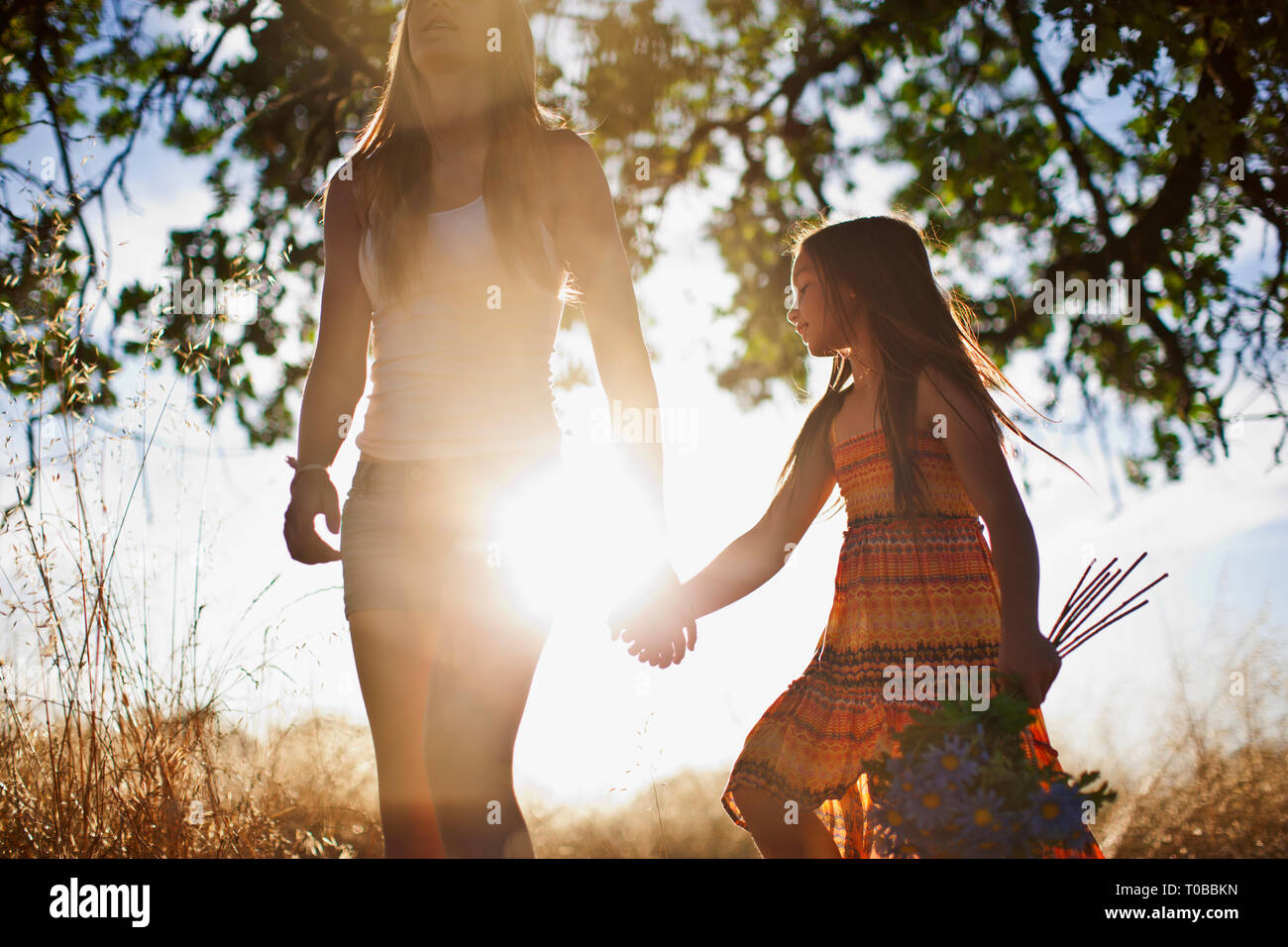 Young girl walking hand in hand with her older sister through an overgrown meadow. Stock Photo