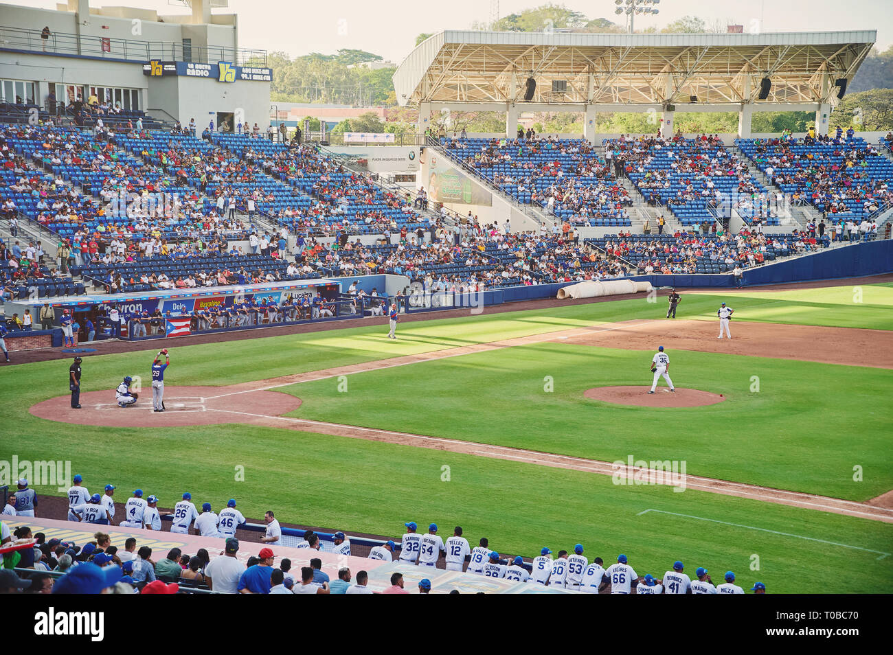 Managua, Nicaragua- march 18, 2019: Beginning of baseball game between  Nicaragua and Puerto Rico in Central america stadium Stock Photo