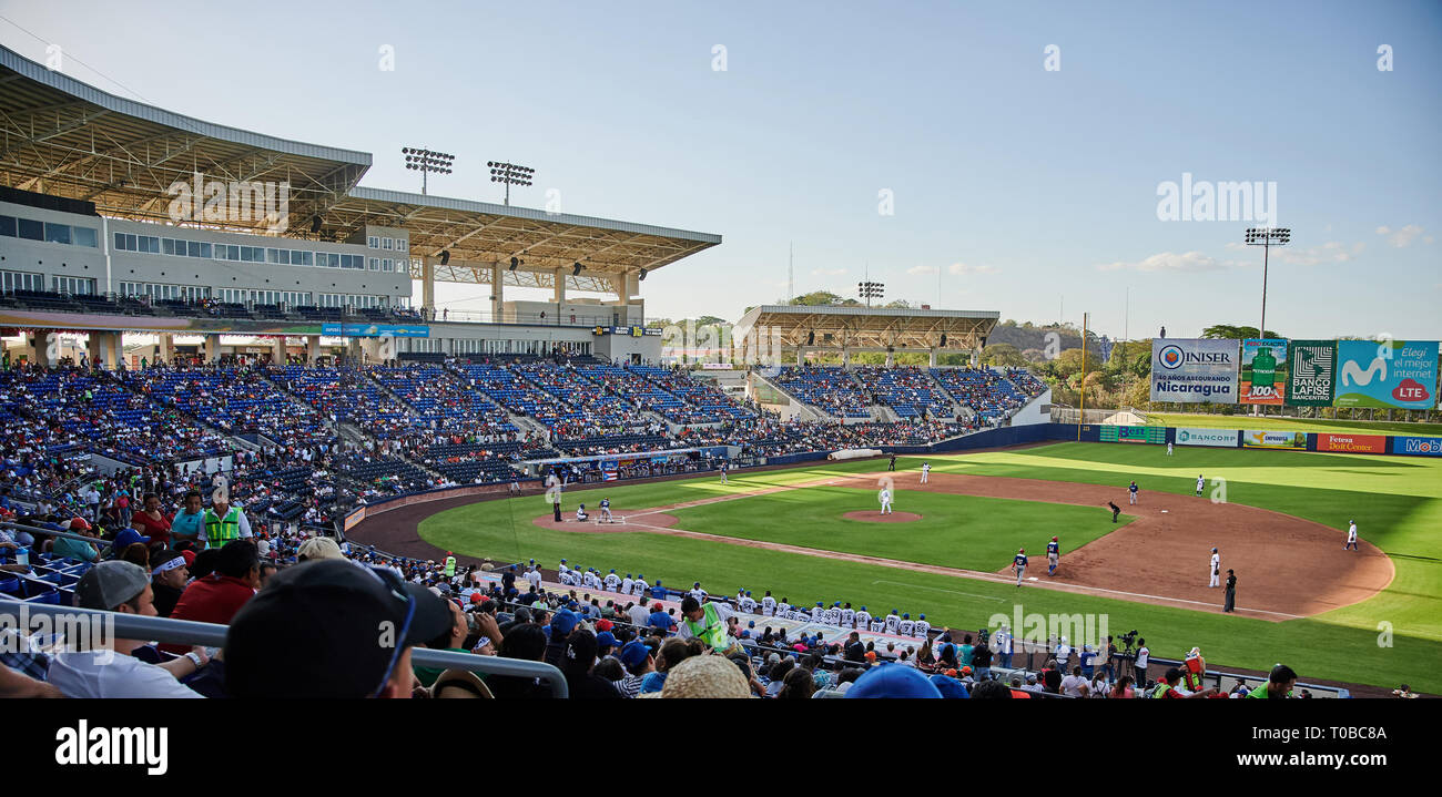 Managua, Nicaragua- march 18, 2019: Baseball game in Nicaragua and Puerto Rico teams in Central america stadium Stock Photo
