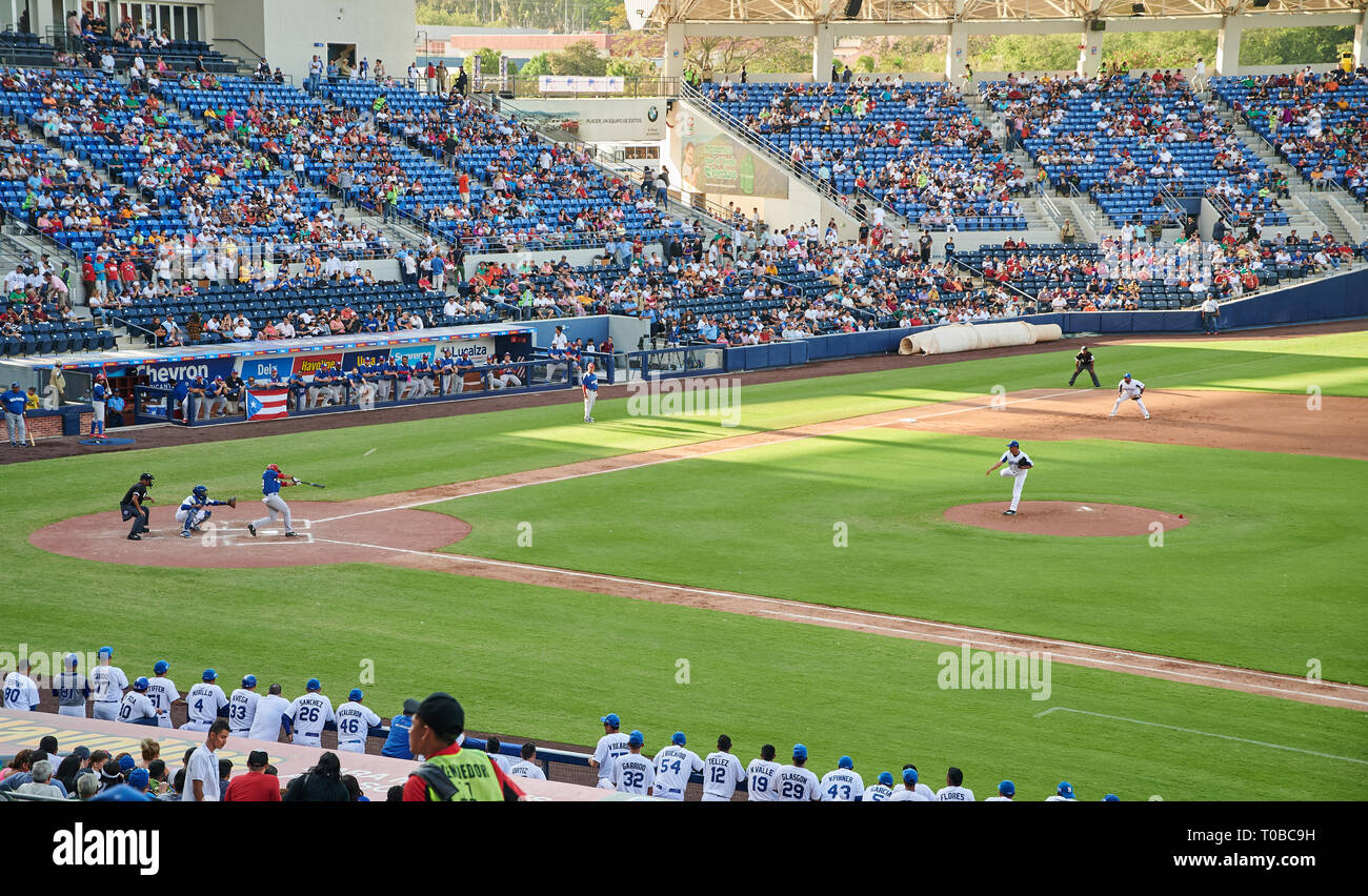 Managua, Nicaragua- march 18, 2019: Puerto rican baseball player hit ball on game with Nicaragua team Stock Photo